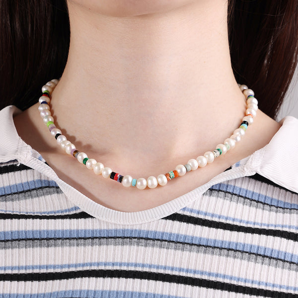 PN0044 6-7MM Freshwater Pearl Rainbow Stone Bead Choker Necklace