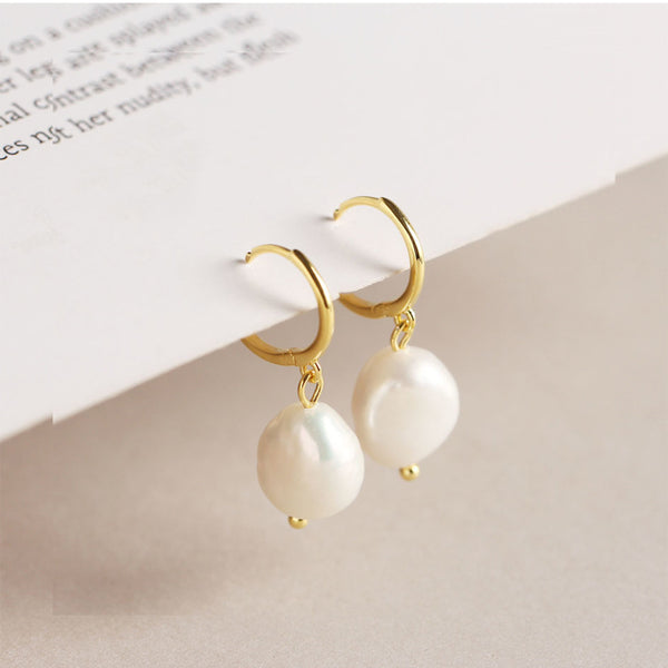 YHE092 925 Sterling Silver Freshwater Pearl Dangling Hoop Earrings