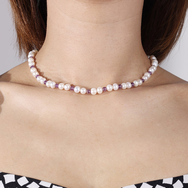 PN0016 925 Sterling Silver 6-7MM Freshwater Pearl Purple Bead Necklace