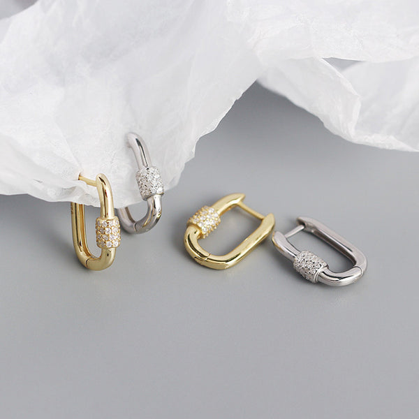 YHE0345 925 Sterling Silver Danity Cubic Zirconia Carabiner Hoop Earrings