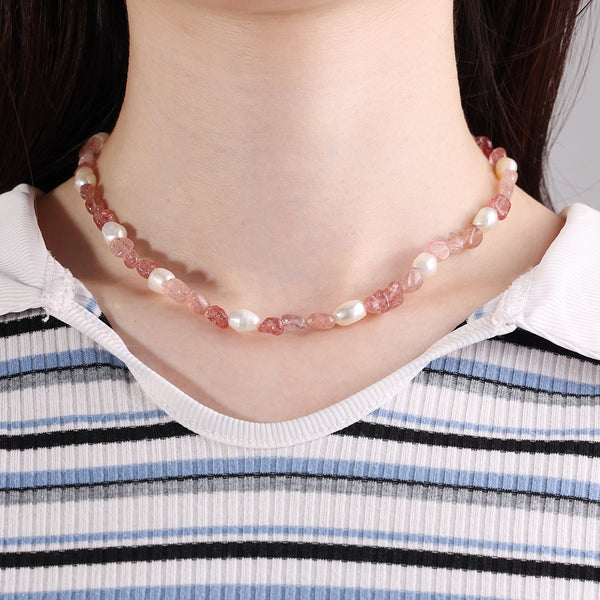 PN0007 925 Sterling Silver Pink Crystal Stone Freshwater Pearl Necklace