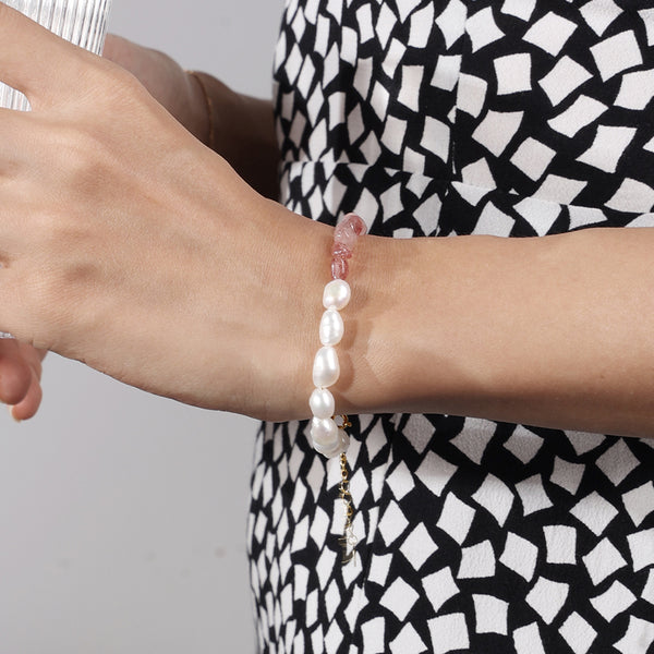 PB0018 925 Sterling Silver Strawberry Crystal And 7-8mm Freshwater Pearl Brcelet