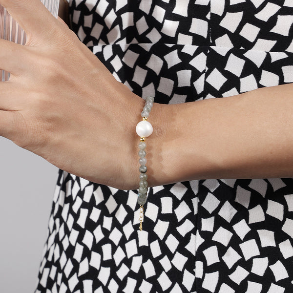 PB0009 925 Sterling Silver Fluorite Bead Stone Pearl Bracelet