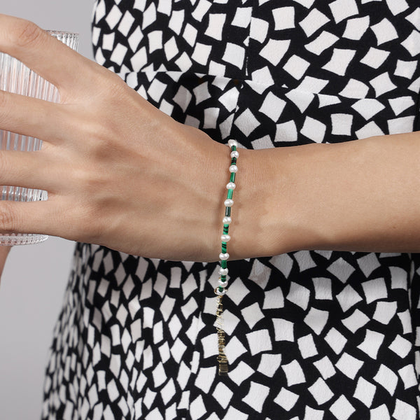 PB0013 925 Sterling Silver Malachite And Freshwater Pearl Bracelet