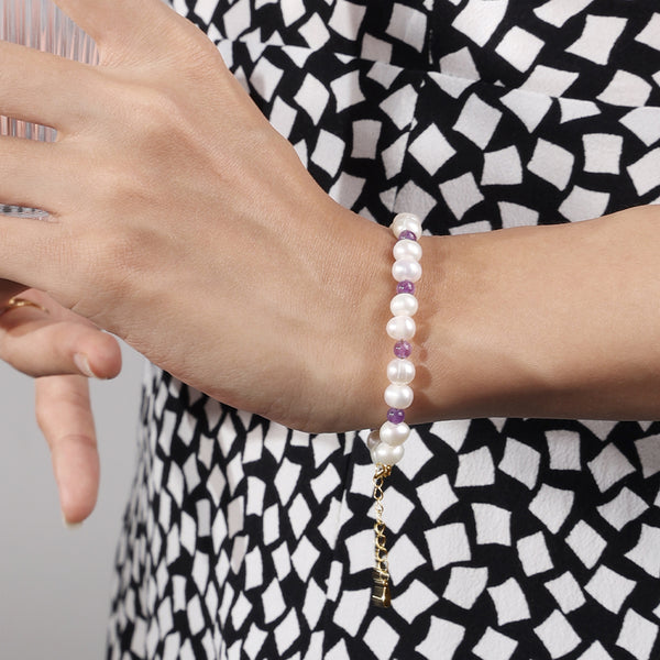 PB0011 925 Sterling Silver Amethyst Freshwater Pearl Women Bracelet