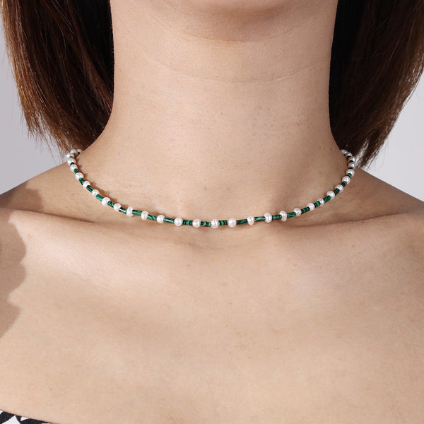 PN0018 925 Sterling Silver Malachite Bar Freshwater Pearl Bead Necklace