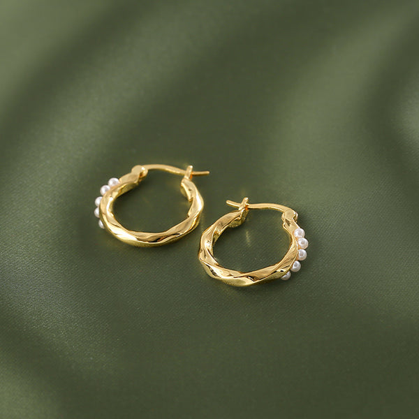 PE0107 925 Sterling Silver Twist Pearl Women Huggie Hoop Earrings