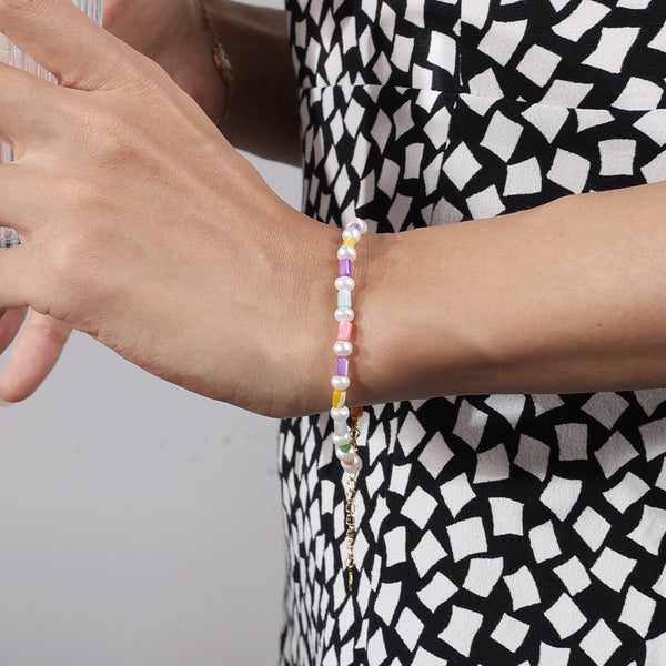 PB0008 925 Sterling Silver Rainbow Shell Bar & Freshwater Pearl Bracelet