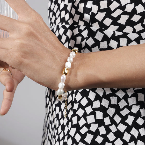 PB0026 925 Sterling Silver Gold Bead & Freshwater Pearl Bracelat