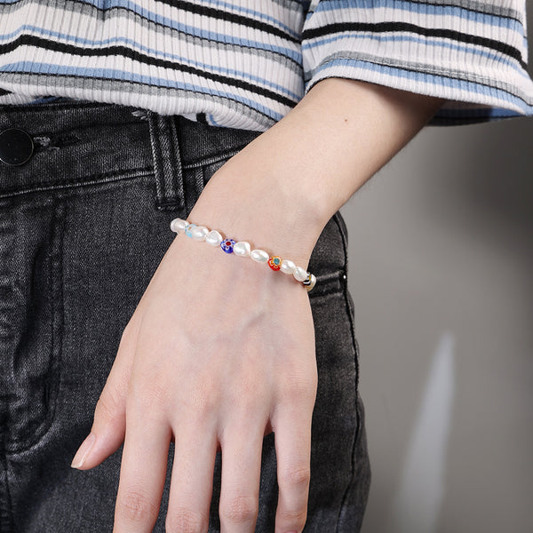 PB0027 925 Sterling Silver Freshwater Pearl Colorful Glass Beads Bracelet