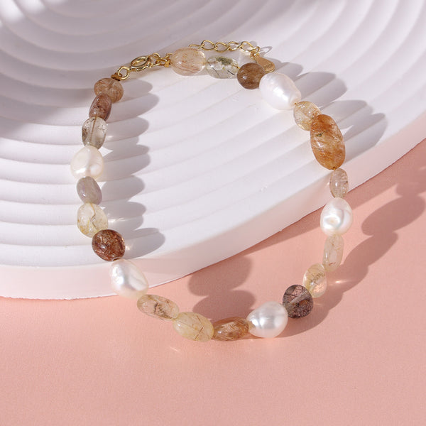 PB0006 925 Sterling Silver Pearl & Copper Hair Crystal Stone Bracelet