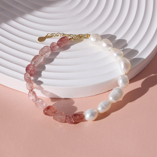 PB0018 925 Sterling Silver Strawberry Crystal And 7-8mm Freshwater Pearl Brcelet
