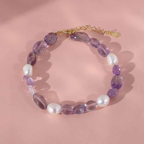 PB0003 925 Sterling Silver Light amethyst Stone Freshwater Pearl Women Bracelet