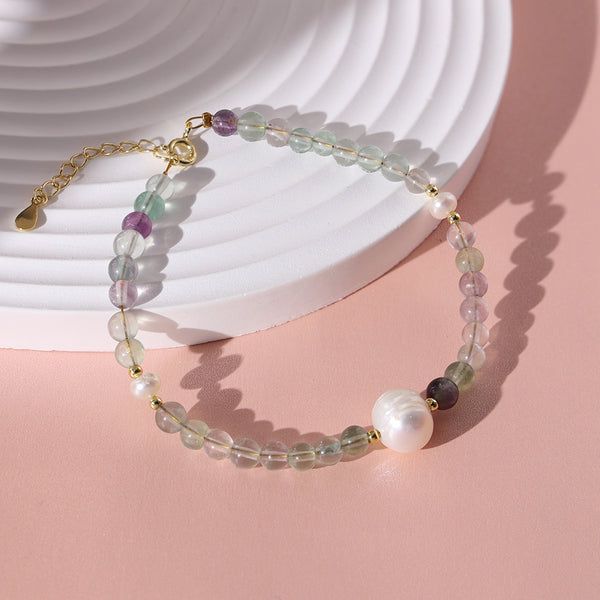 PB0009 925 Sterling Silver Fluorite Bead Stone Pearl Bracelet