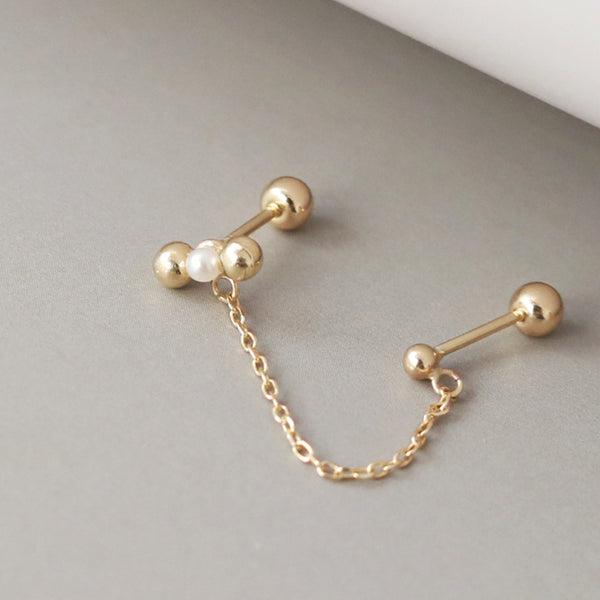 PE0095 925 Sterling Silver Gold Bead Freshwater Pearl Chain Barbell Stud Earring