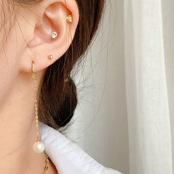 PE0079 925 Sterling Silver Double Chain White Pearl Drop Hoop Earring