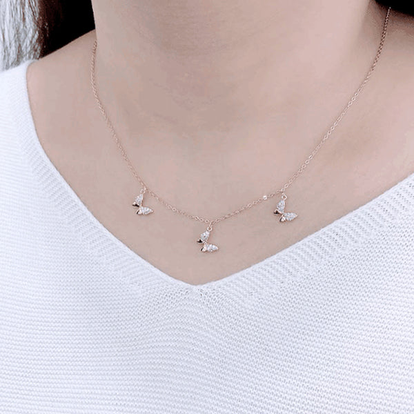 FX0469 925 Sterling Silver Three Butterfly Zircon Necklace