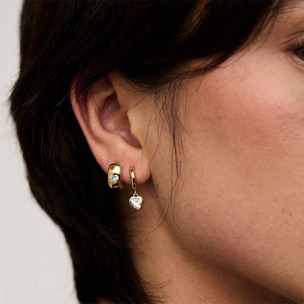 FE2017 925 Sterling Silver Heart CZ Bezel Set Chunky Huggie Hoop Earrings