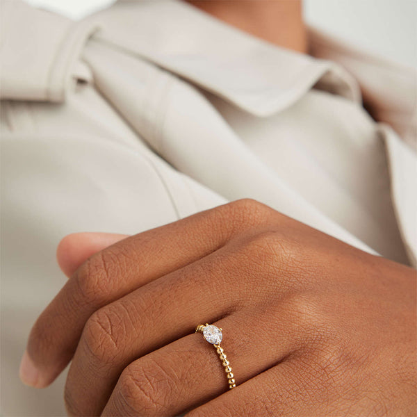 FJ0825 925 Sterling Silver Beaded Oval Cubic Zirconia Women Gold Rings