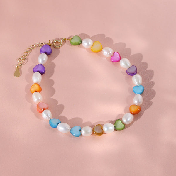 PB0007 925 Sterling Silver Rainbow Heart Freshwater Pearl Bracelet
