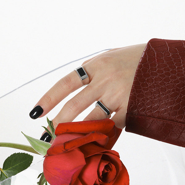 RHJ1083 925 Sterling Silver Black Enamel Width Ring