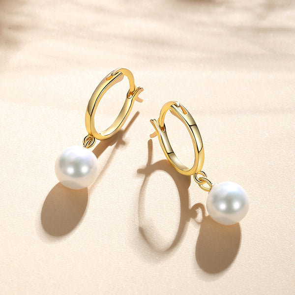 FE1121 925 Sterling Silver Pearl Drop Hoop Earrings