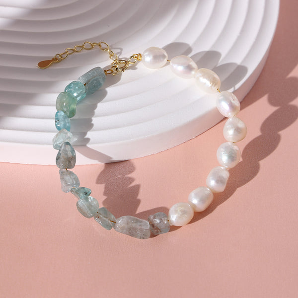 PB0015 925 Sterling Silver Blue Apatite Stone And Freshwater Pearl Bracelet