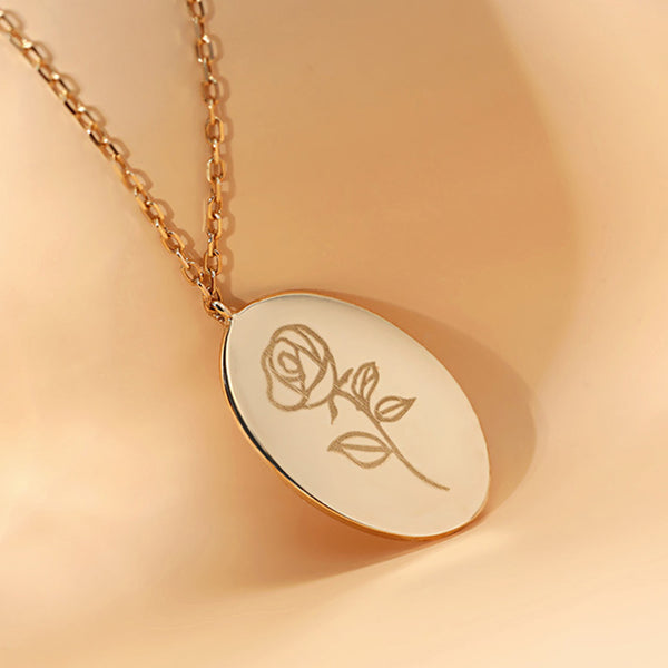 FX0775 925 Sterling Silver Coin Engraved Rose Flower Necklace