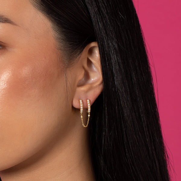 PE0010 925 Sterling Silver Double Hoop Freshwater Pearl Chain Earrings