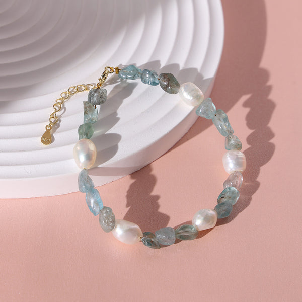 PB0004 925 Sterling Silver Blue Apatite Stone Freshwater Pearl Bracelet