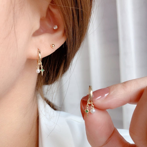 PE0093 925 Sterling Silver Trendy Freshwater Pearl Cross Dangle Hoop Earring