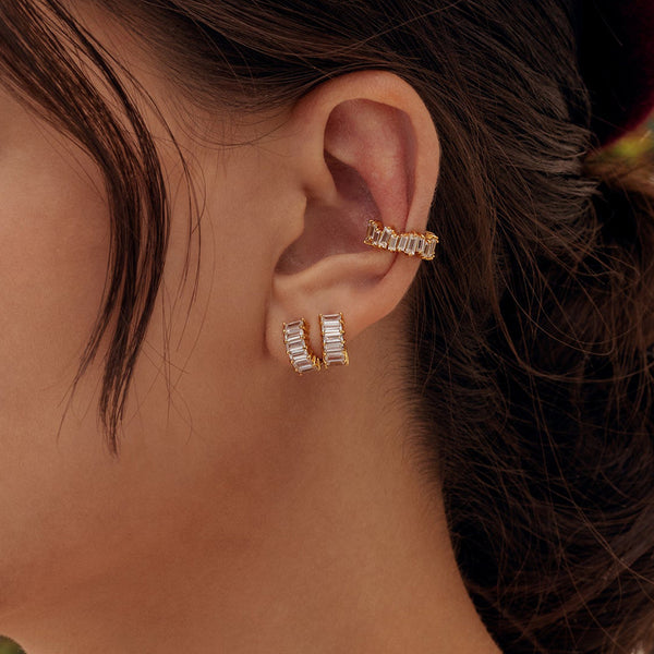 FE1914 925 Sterling Silver Baguette Cubic Zirconia Huggie Hoop Earrings