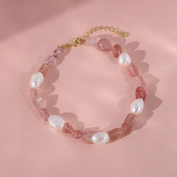 PB0002 925 Sterling Silver Freshwater Pearl & Strawberry Crystal Bracelet