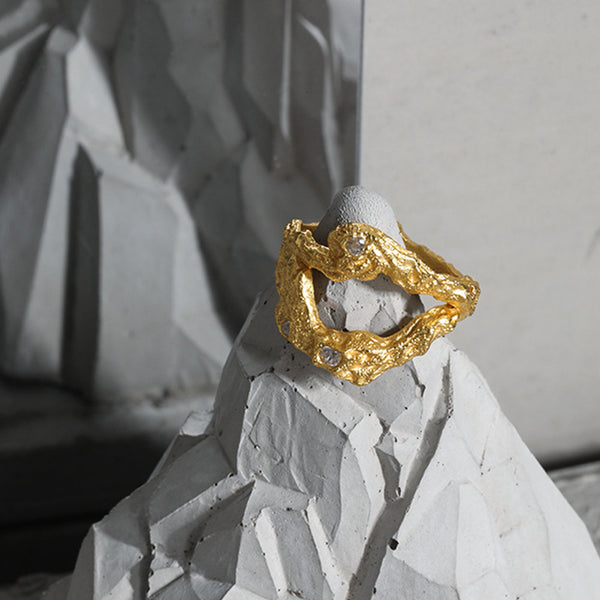 RHJ1128 925 Sterling Silver Irregular Face Micropaved Zircon Texture Open Ring