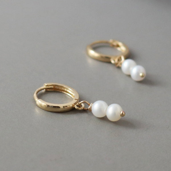 PE0077 925 Sterling Silver Double Freshwater Pearl Drop Hoop Earring