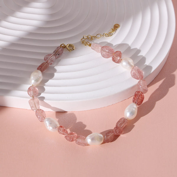 PB0002 925 Sterling Silver Freshwater Pearl & Strawberry Crystal Bracelet