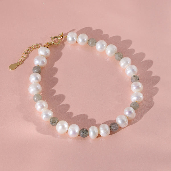 PB0012 925 Sterling Silver Glitter Stone Freshwater Pearl Bracelet