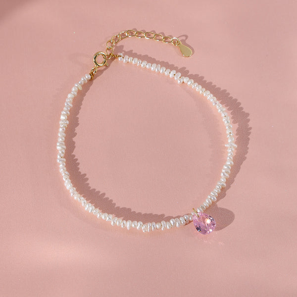 PB0048 925 Sterling Silver Heart Pink Cubic Zirconia Freshwater Pearl Bracelet