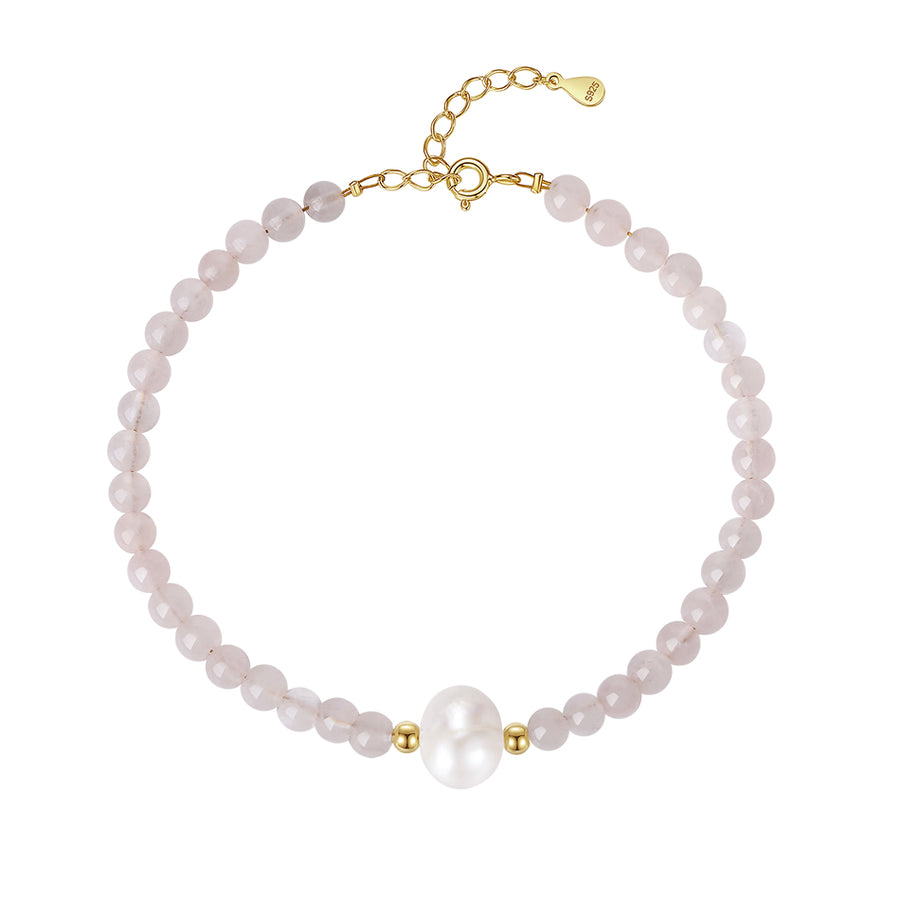 PB0023 925 Sterling Silver Pink Crystal Bead & Singke Pearl Bracelet