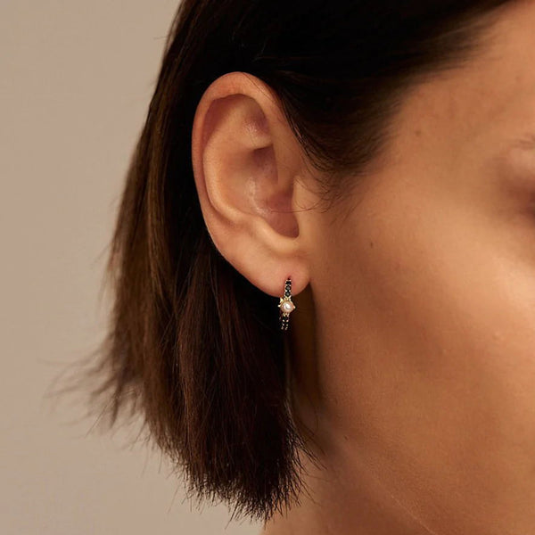 FE1910 925 Sterling Silver Black CZ Pearl Stationed Huggie Hoop Earrings