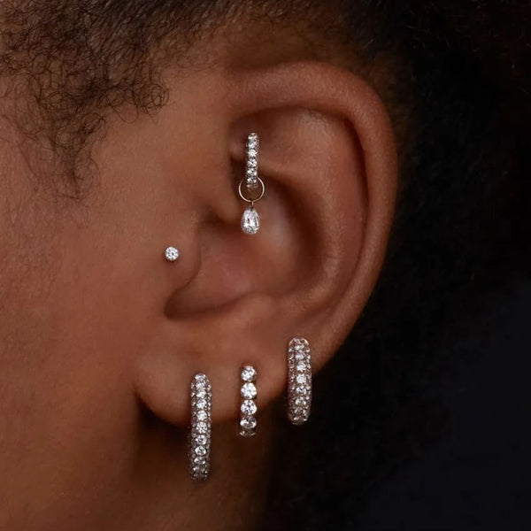 FE1954 925 Sterling Silver Three Row Pave Cubic Zirconia Hoop Earring