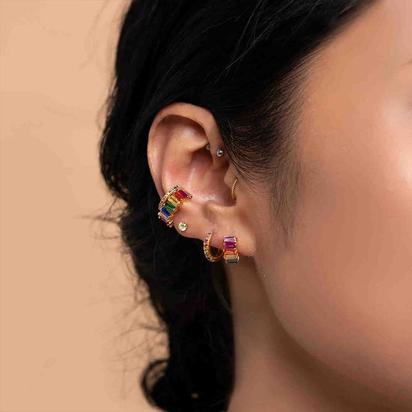 FE1258 925 Sterling Silver Rainbow Baguette Huggie Earrings
