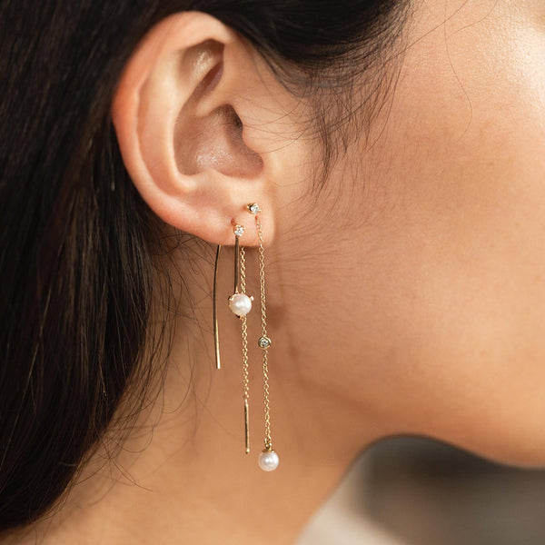 PE0018 925 Sterling Silver Chain Threader CZ & Pearl Floating Stud Earrings