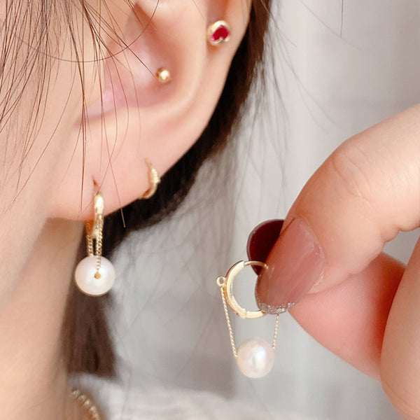 PE0085 925 Sterling Silver Link Chain Round Shell Pearl Drop Hoop Earring