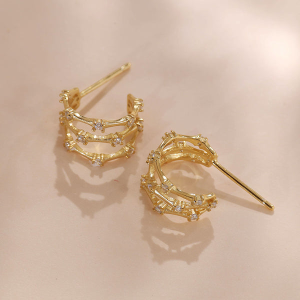 YHE0416 925 Sterling Silver Triple Retro Bamboo CZ Earring