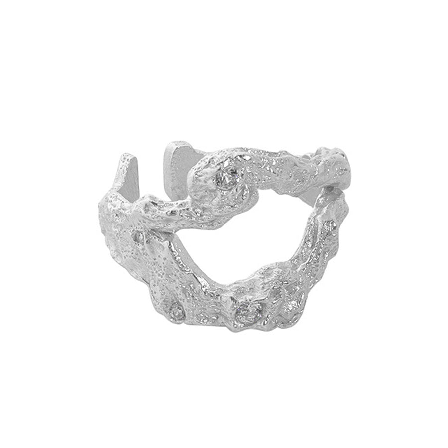 RHJ1128 925 Sterling Silver Irregular Face Micropaved Zircon Texture Open Ring