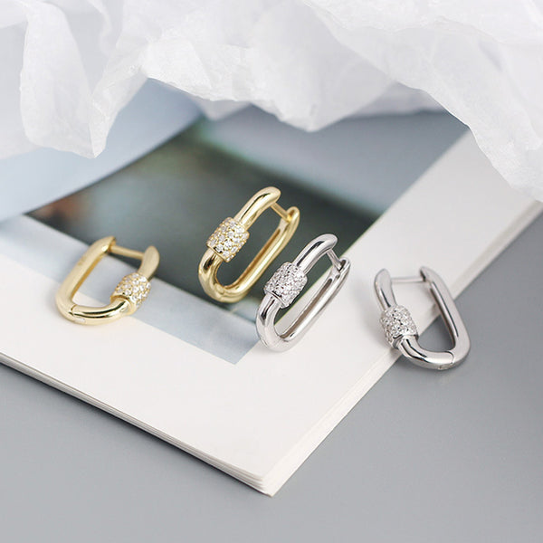 YHE0345 925 Sterling Silver Danity Cubic Zirconia Carabiner Hoop Earrings