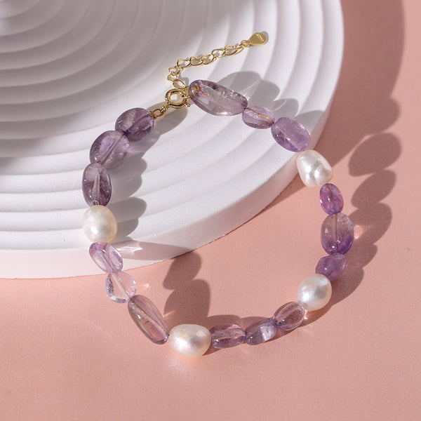PB0003 925 Sterling Silver Light amethyst Stone Freshwater Pearl Women Bracelet