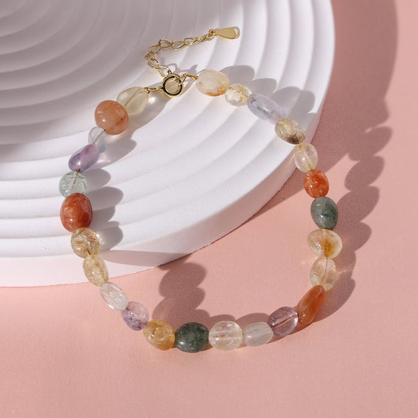 PB0010 925 Sterling Silver Rainbow Stone Bead Women Beacelet