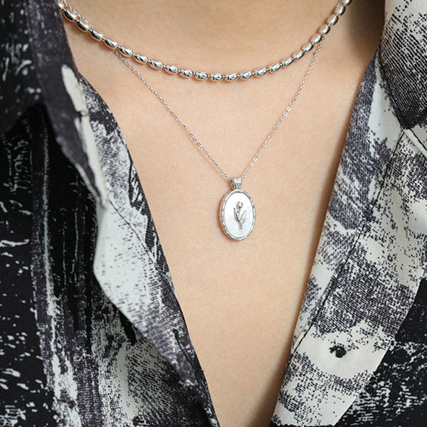RHX1009 925 Sterling Silver Oval Tulip Mother Of Pearl Pendant Necklace